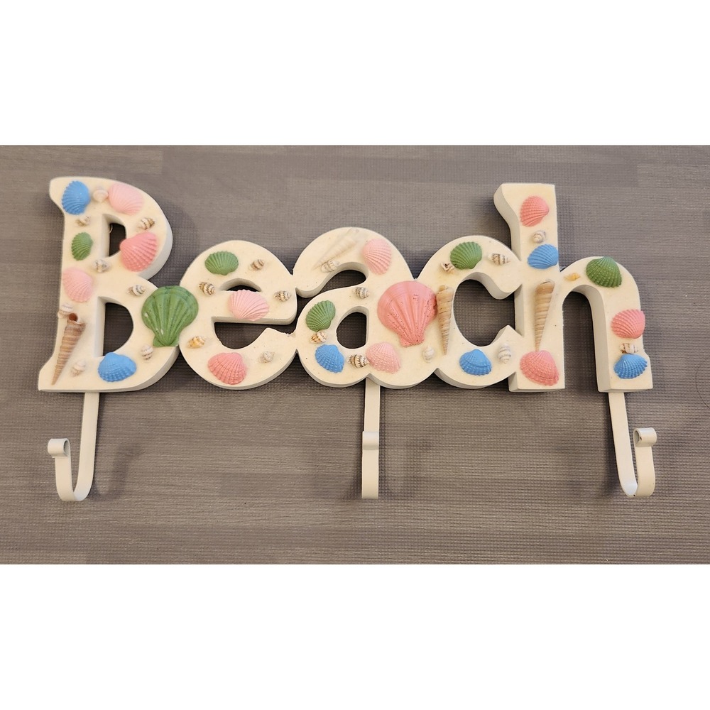 Coastal Beach Wall Hook Rack Seashell Decorative Towel Key Holder White 3-Hook